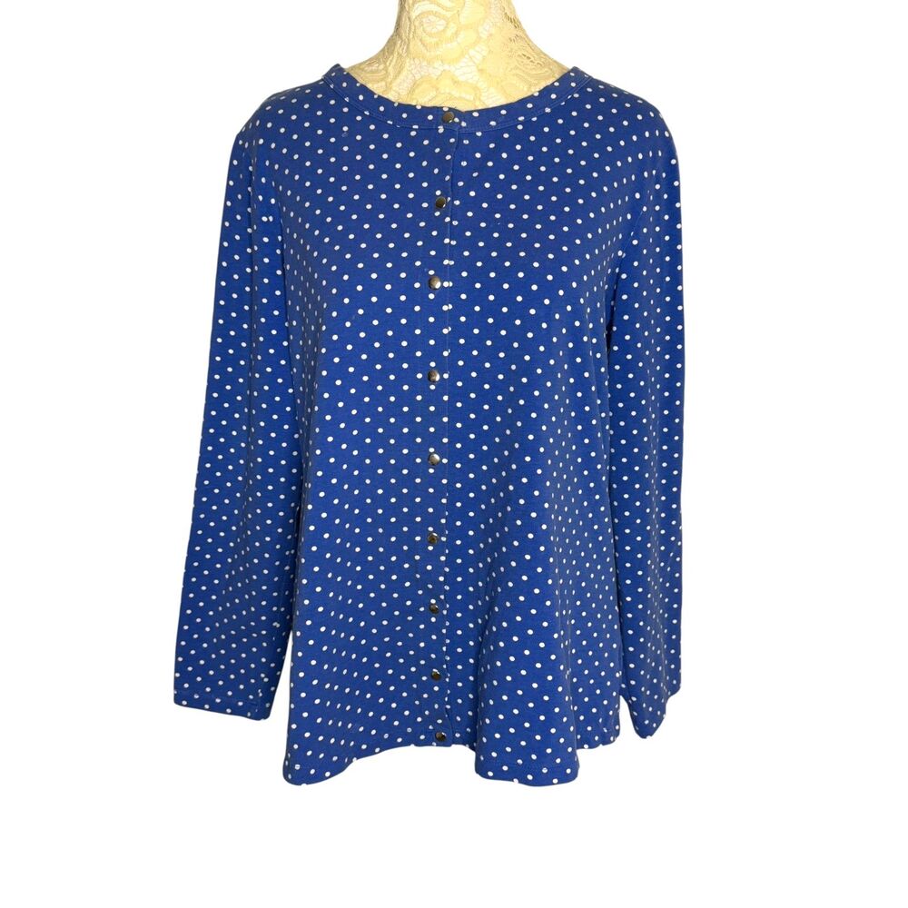 Susan Graver Cardigan Jersey Knit Top Snap Front Polka Dot Blue White S